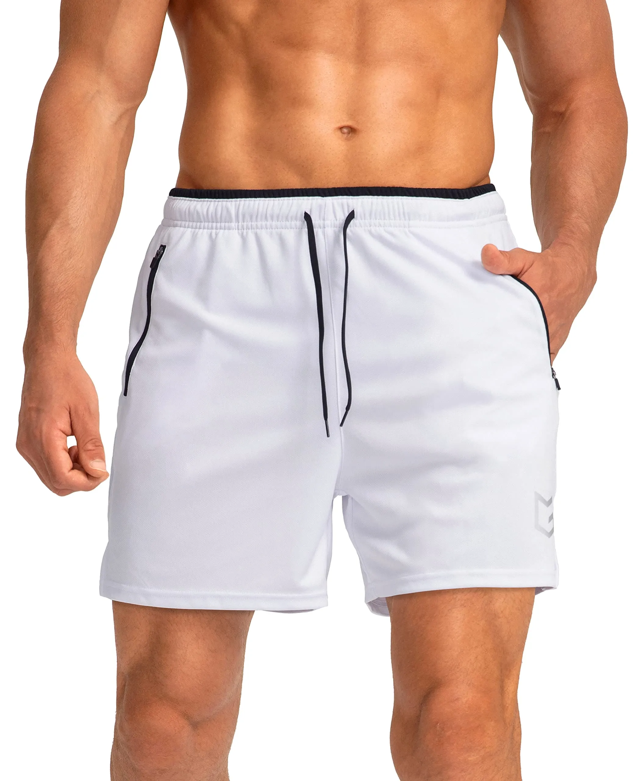 G Gradual Men's Running Shorts with Zipper Pockets Quick Dry Gym Athletic Workout 5" Shorts for Men (White)