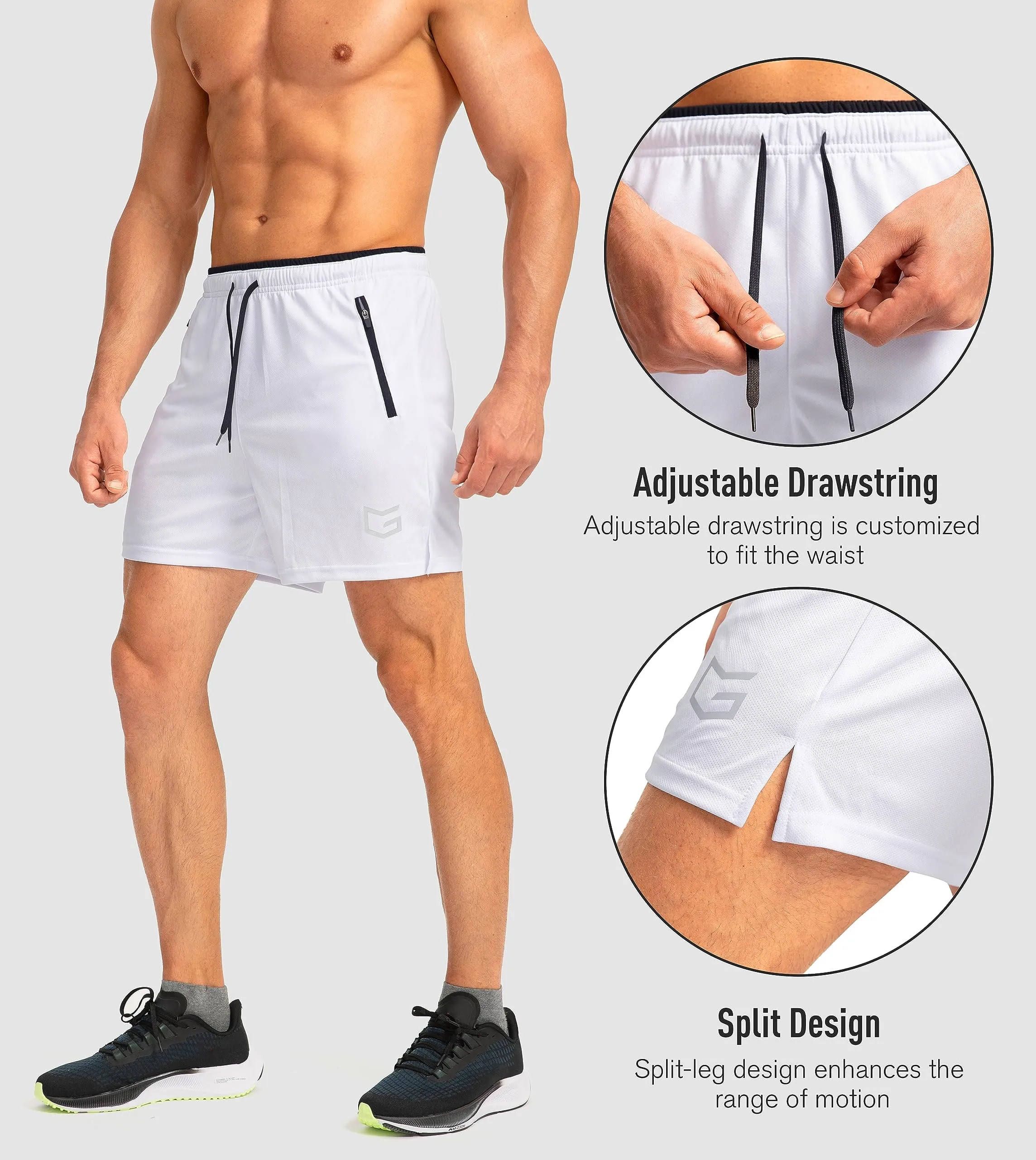 G Gradual Men's Running Shorts with Zipper Pockets Quick Dry Gym Athletic Workout 5" Shorts for Men (White)