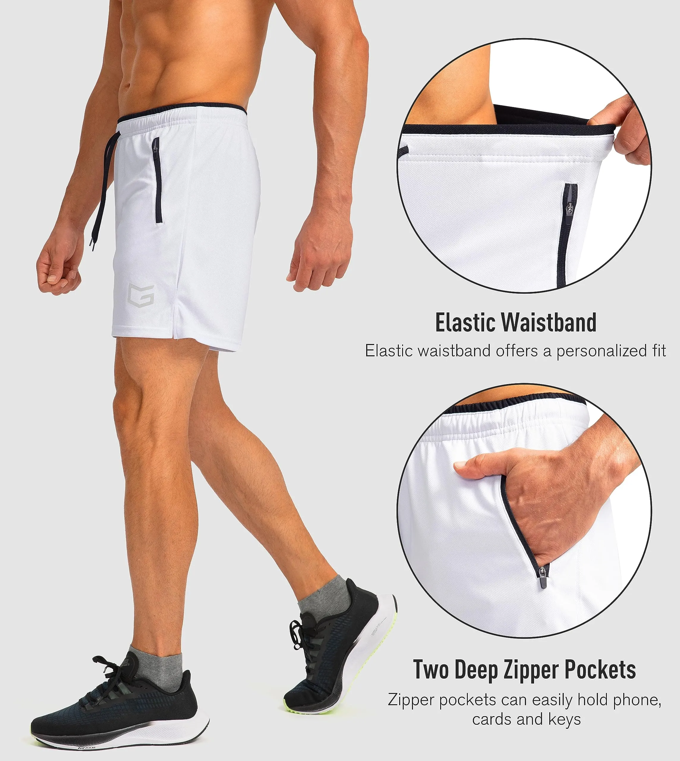 G Gradual Men's Running Shorts with Zipper Pockets Quick Dry Gym Athletic Workout 5" Shorts for Men (White)