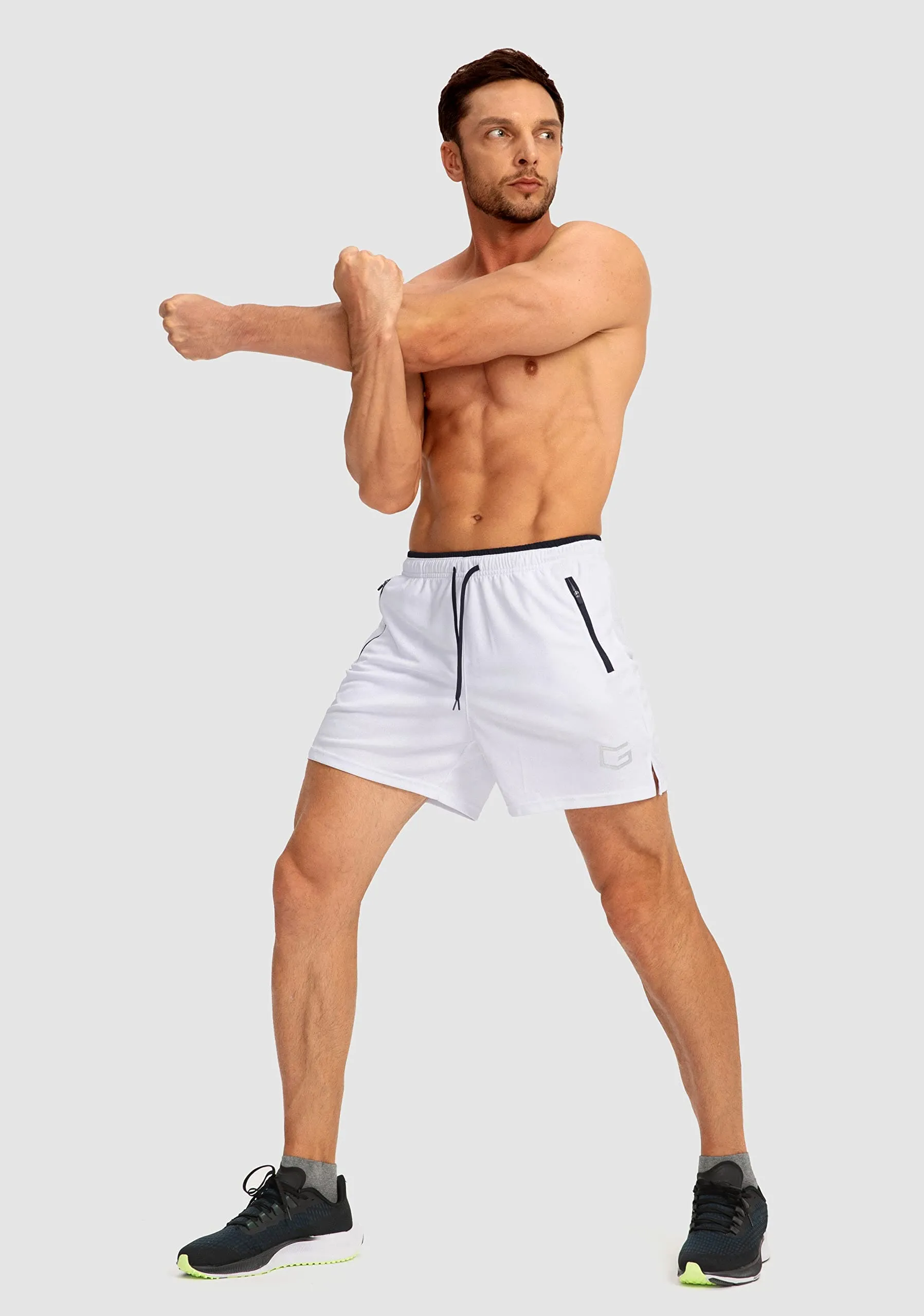 G Gradual Men's Running Shorts with Zipper Pockets Quick Dry Gym Athletic Workout 5" Shorts for Men (White)