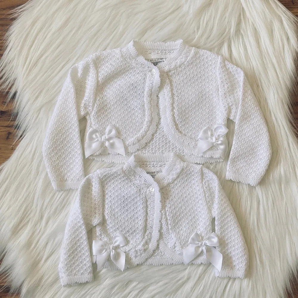 Girls White knitted bolero with double bow