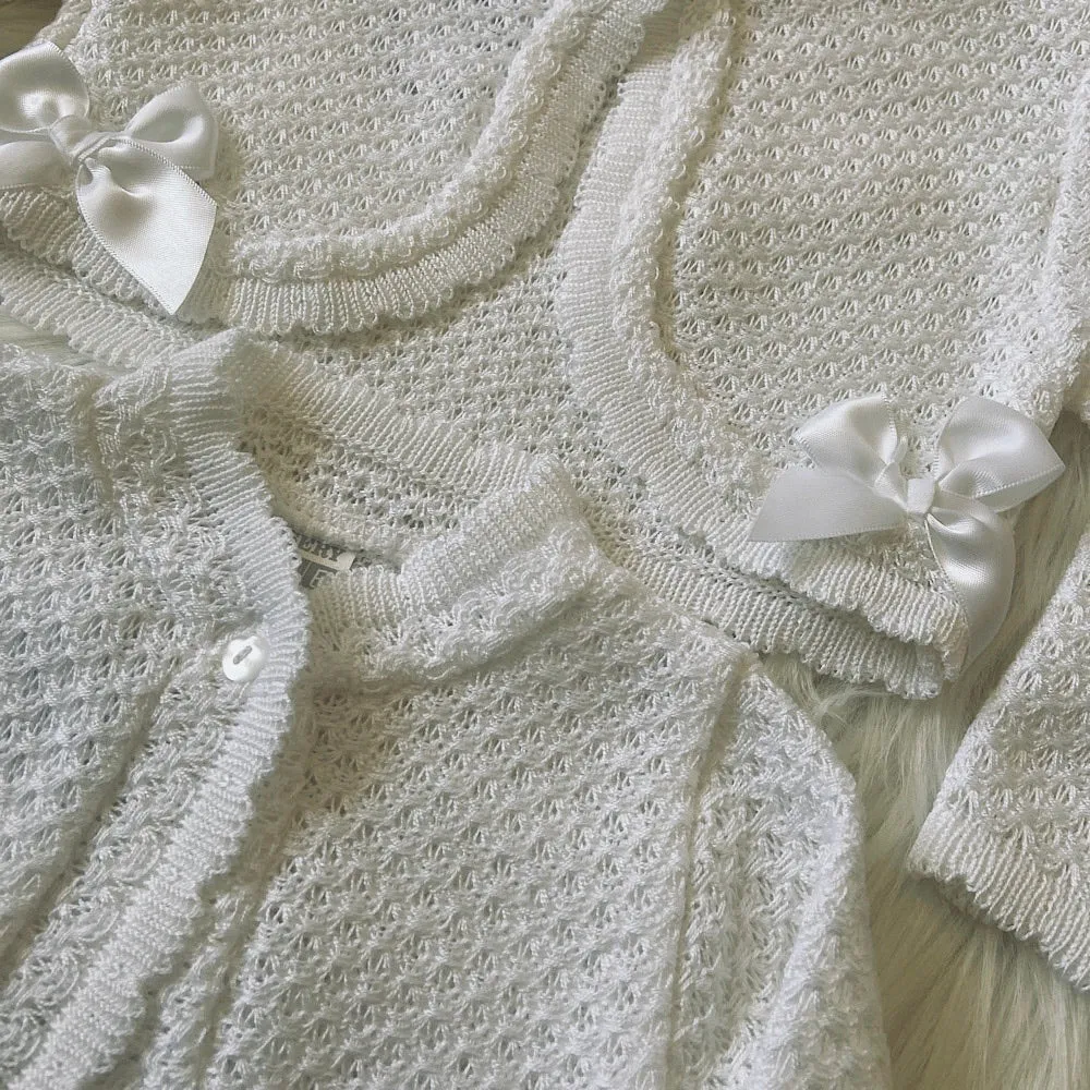 Girls White knitted bolero with double bow