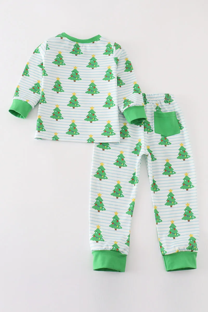 Green Christmas Tree Print Ruffle Boy Pajamas Set