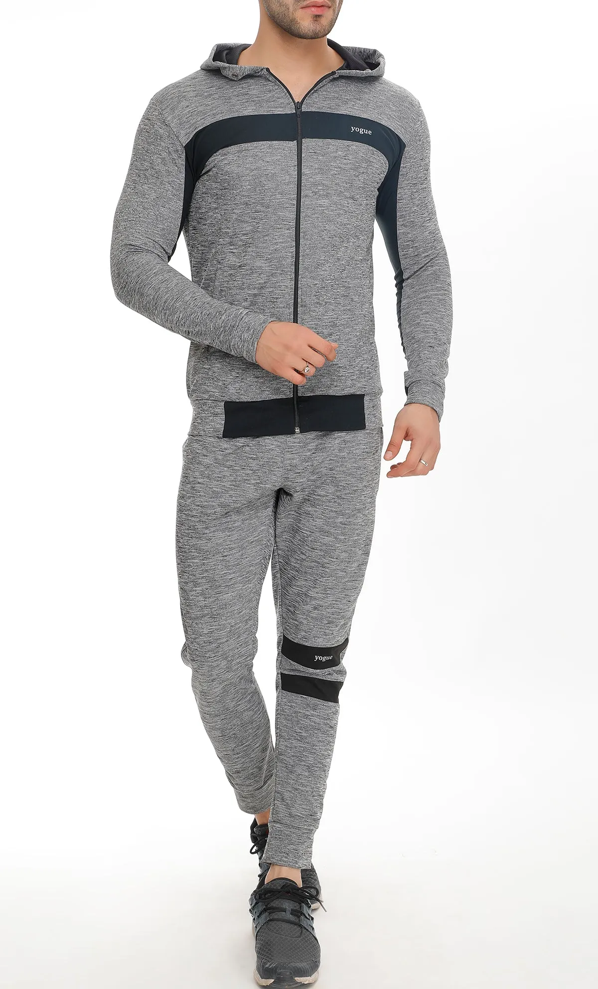 Grey Texture Tracksuit with Black Stripes