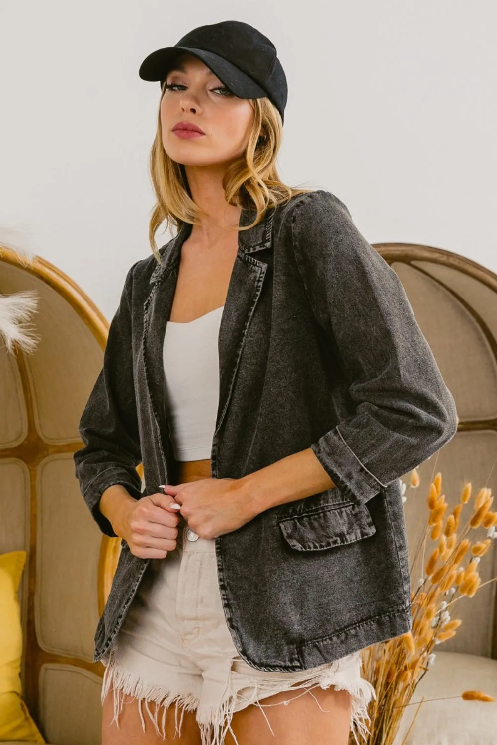 Hazel Blues® |  BiBi Single Breasted Washed Denim Blazer