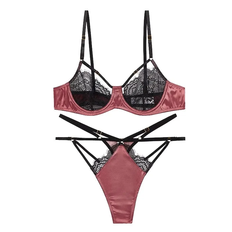 Hollow Perspective Women Sexy Lingerie Set Half Cup Lace Underwire Bra  Panty Set Ultra-thin Bralette Without Inserts