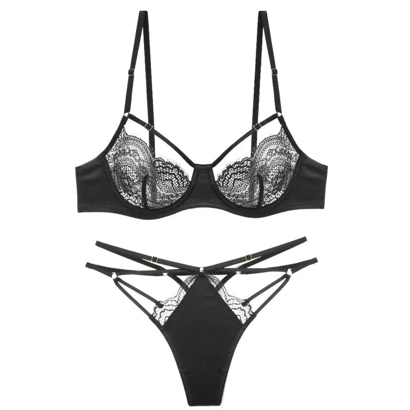 Hollow Perspective Women Sexy Lingerie Set Half Cup Lace Underwire Bra  Panty Set Ultra-thin Bralette Without Inserts