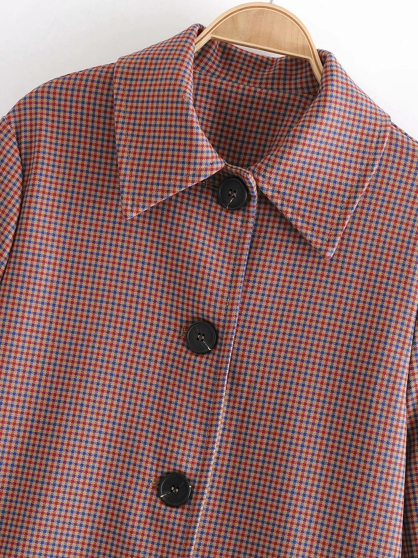Houndstooth Single-breasted Pocket Lapel Plaid Overcoat Outerwear