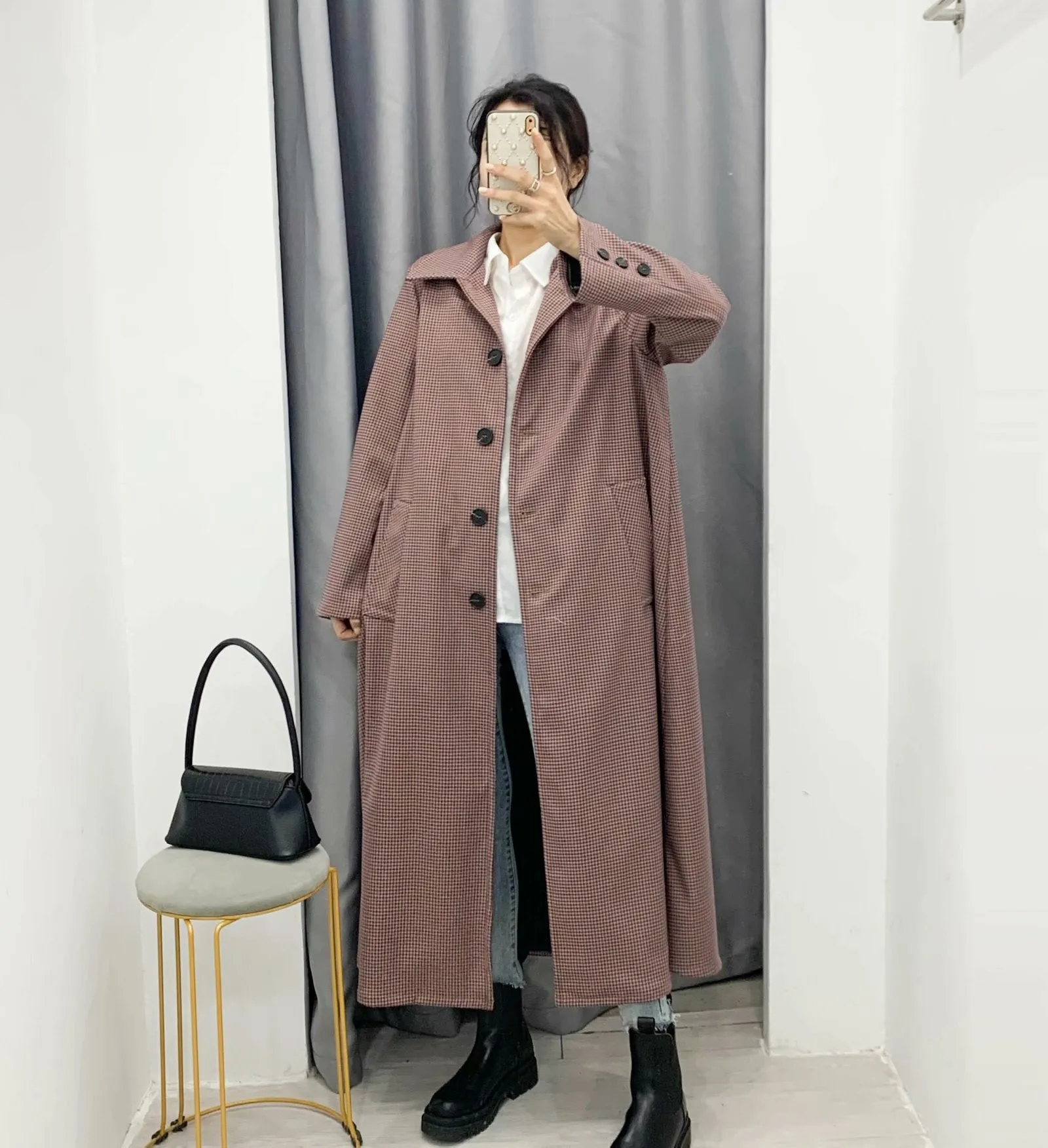 Houndstooth Single-breasted Pocket Lapel Plaid Overcoat Outerwear