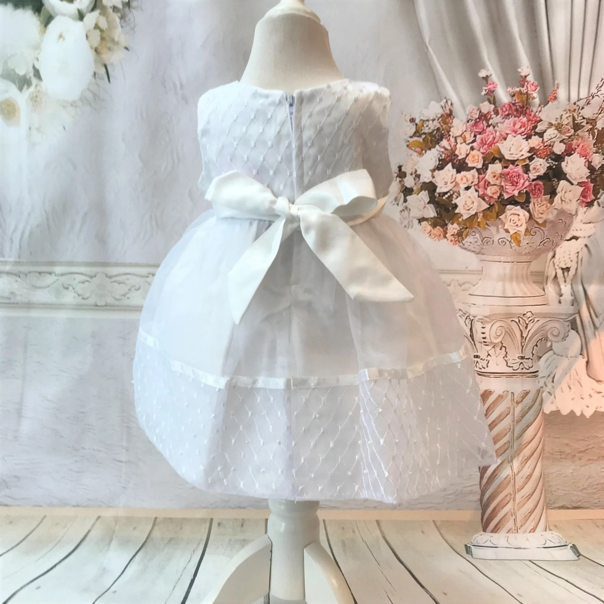 Ivory or White Christening Dress with Pearls and Headband