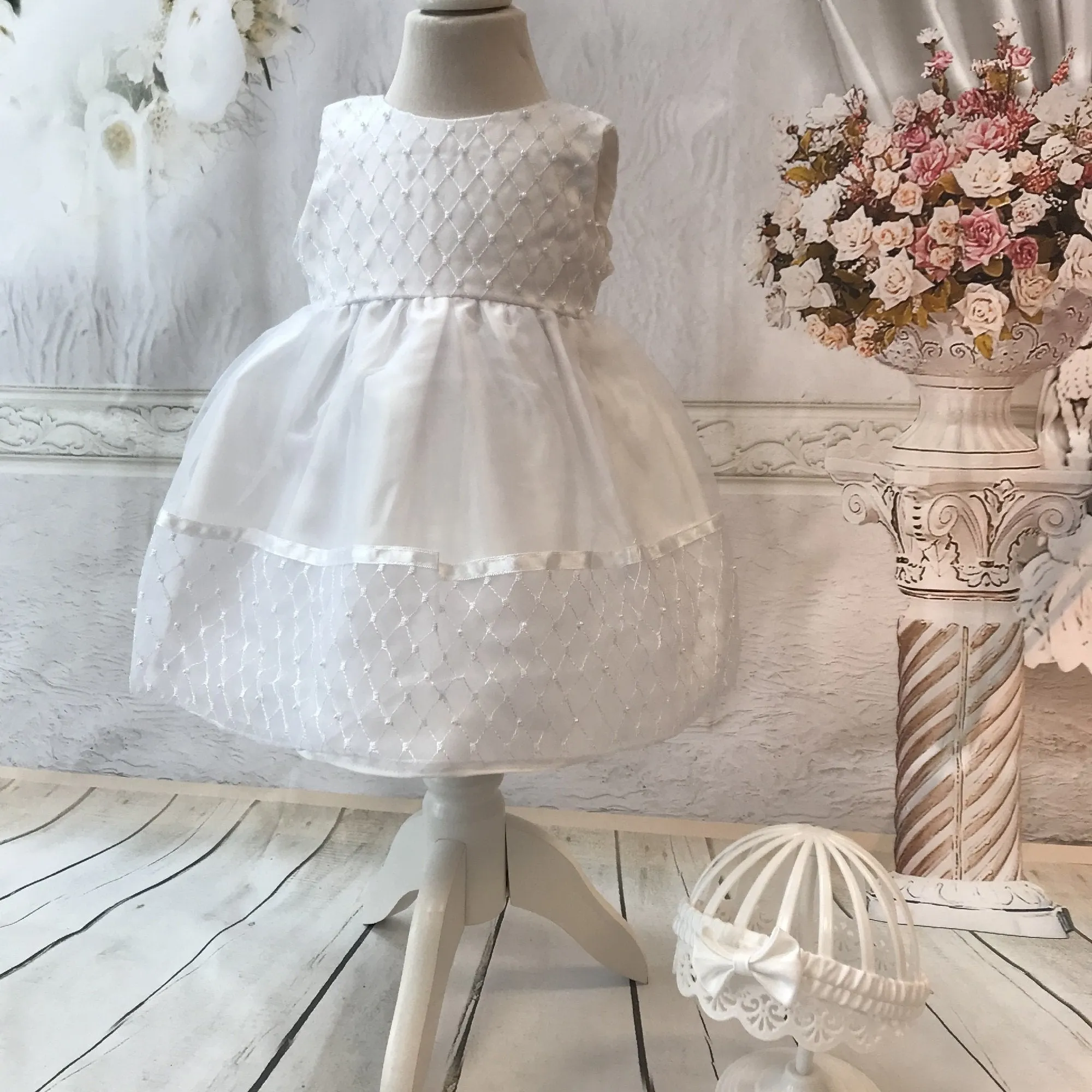 Ivory or White Christening Dress with Pearls and Headband