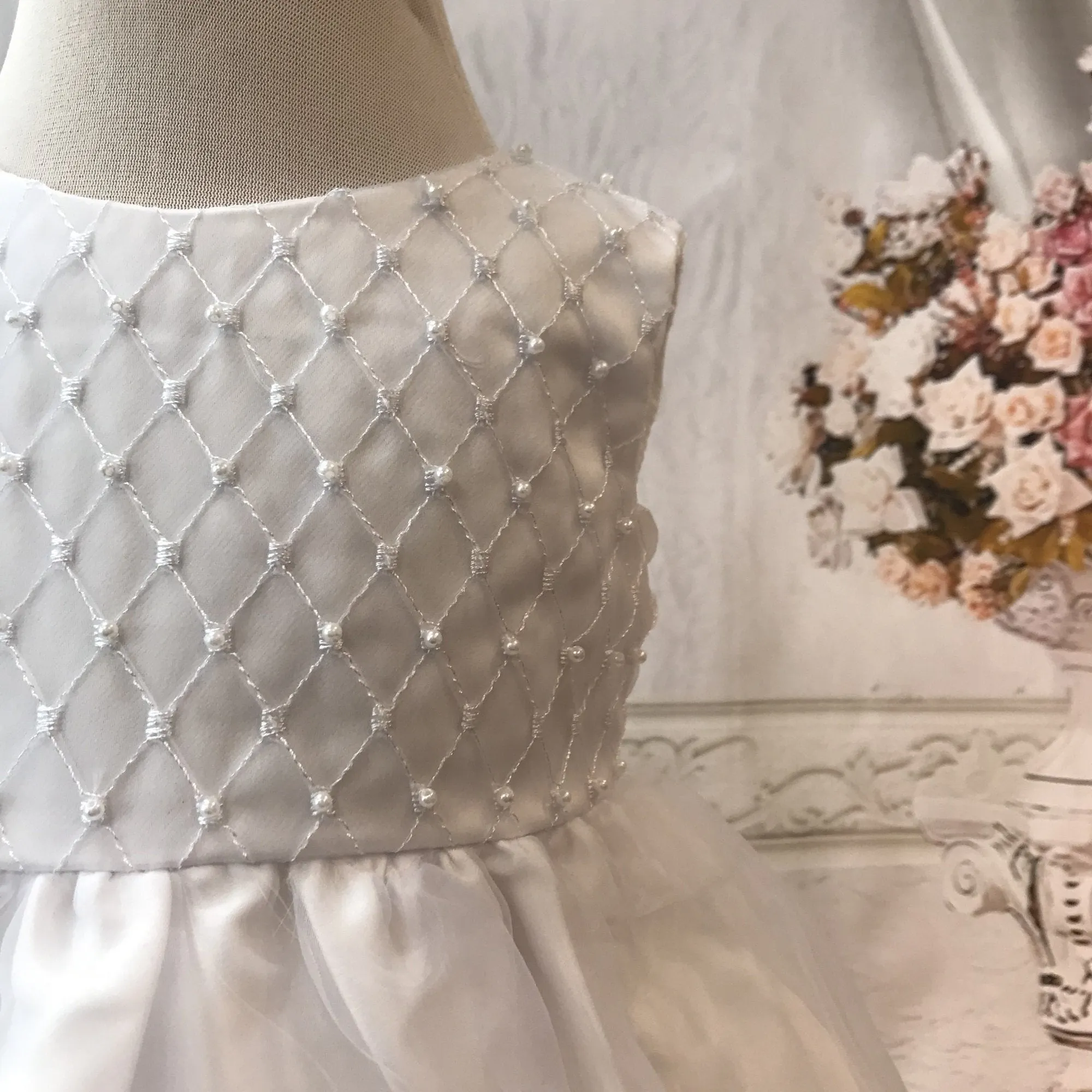 Ivory or White Christening Dress with Pearls and Headband