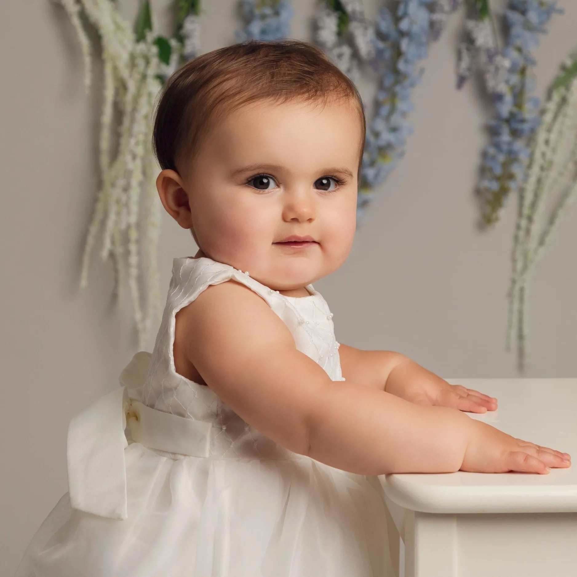 Ivory or White Christening Dress with Pearls and Headband