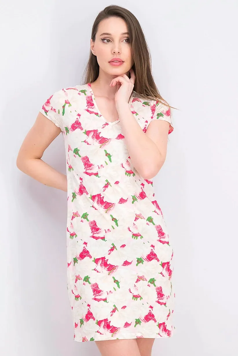 Joan Vass Women's Short Sleeve Floral Print Sleepwear, Pink/Beige