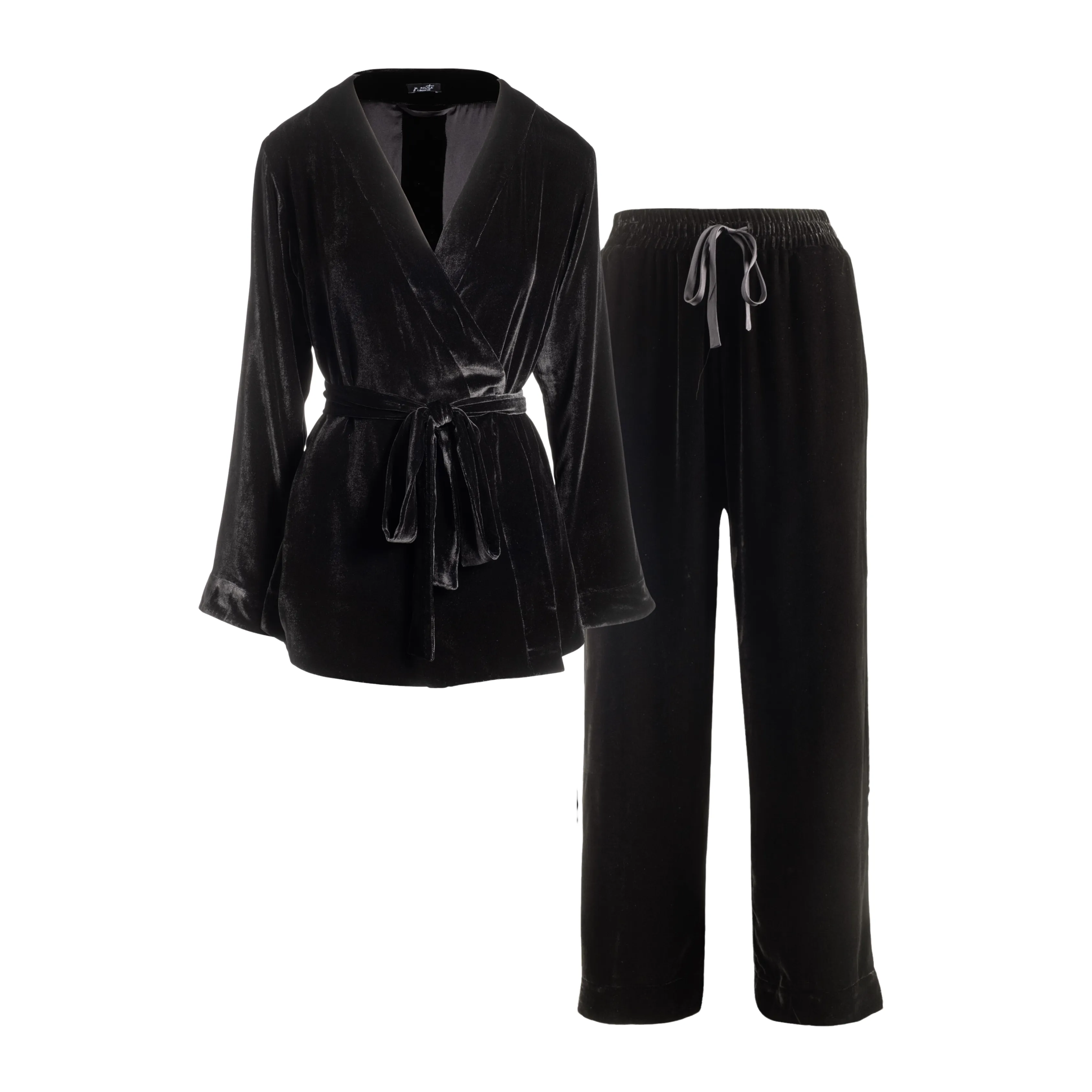 JOSEPHINE VELVET SHORT ROBE & TUXEDO PANT IN NOIRE - MADE TO ORDER