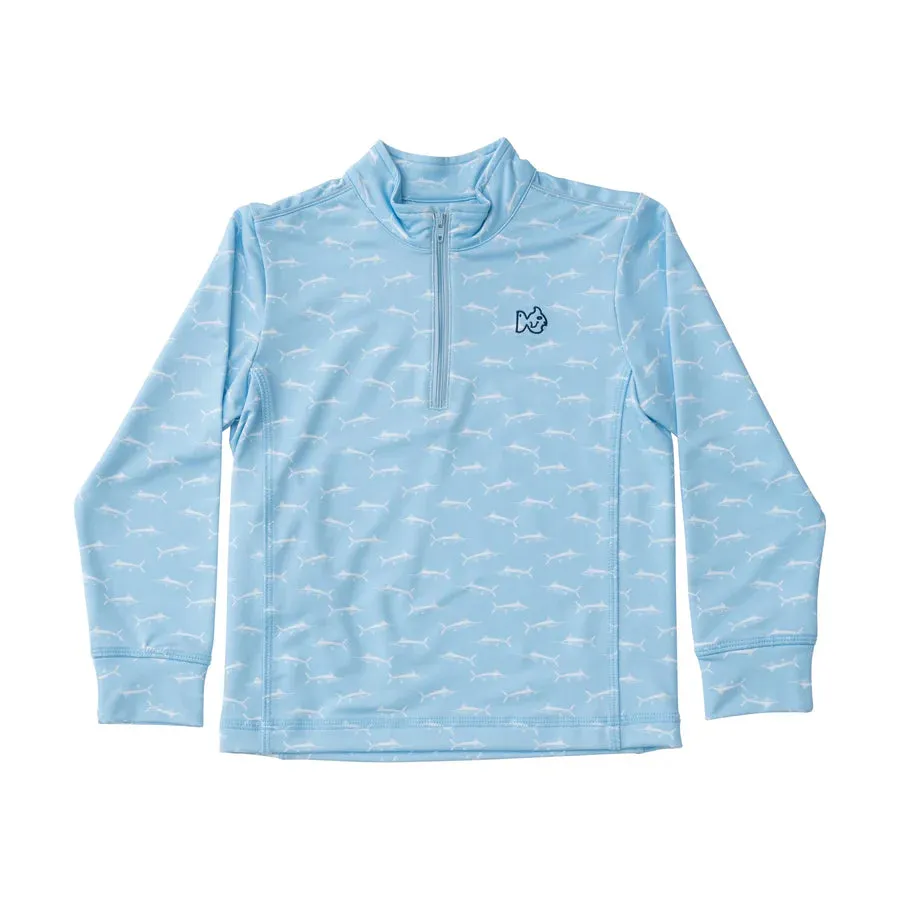 KIDS PRO PERFORMANCE QUARTER ZIP PULLOVER IN MARLIN PRINT ON CLEAR SKY BLUE