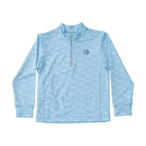 KIDS PRO PERFORMANCE QUARTER ZIP PULLOVER IN MARLIN PRINT ON CLEAR SKY BLUE
