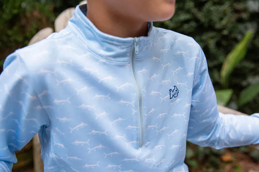 KIDS PRO PERFORMANCE QUARTER ZIP PULLOVER IN MARLIN PRINT ON CLEAR SKY BLUE