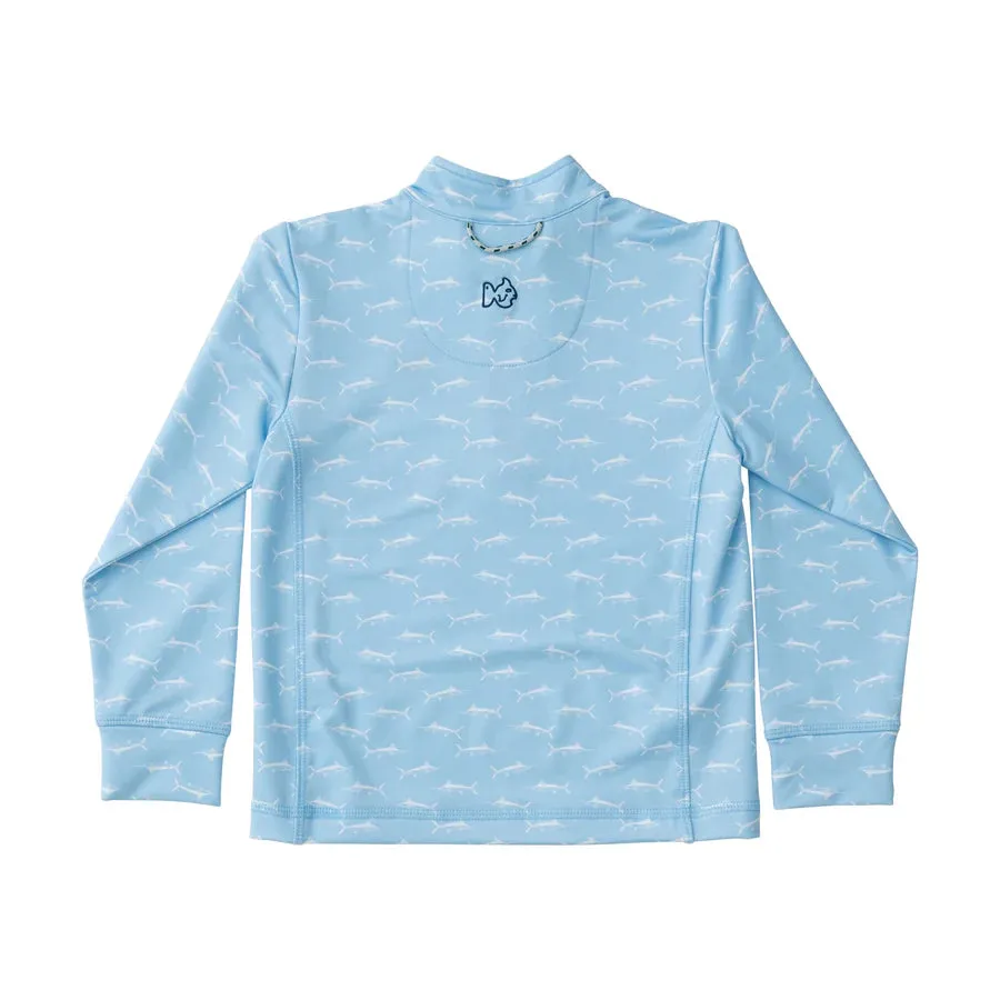 KIDS PRO PERFORMANCE QUARTER ZIP PULLOVER IN MARLIN PRINT ON CLEAR SKY BLUE