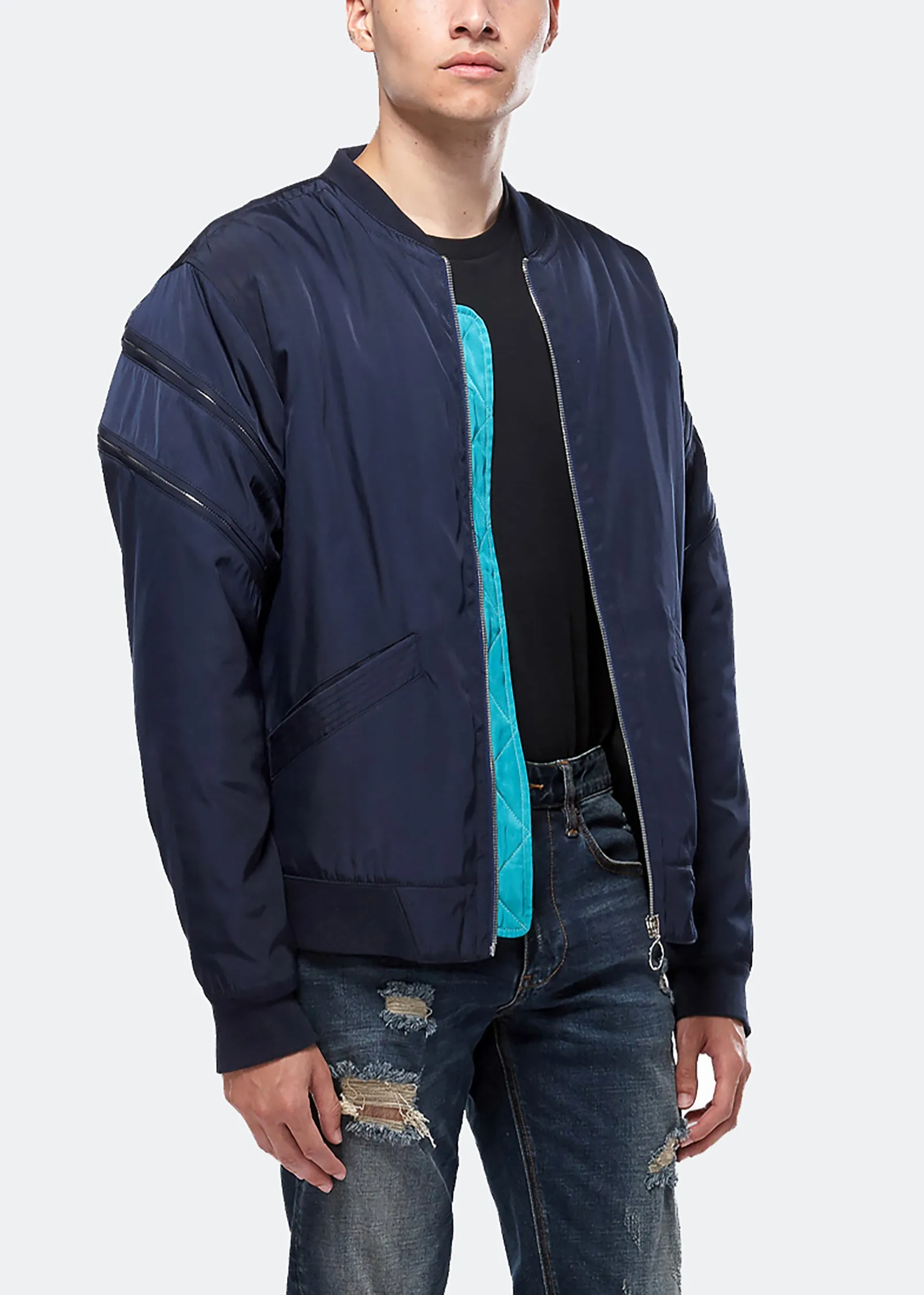 Konus Men's Bomber Jacket with Zipper Details in Navy