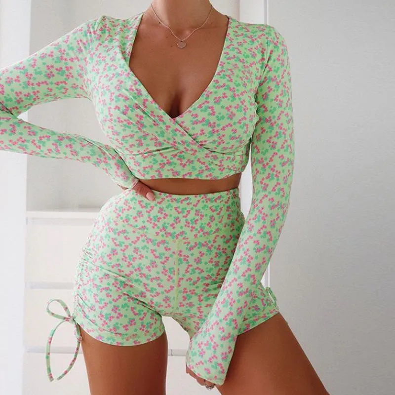 Lace-up New Long-sleeved Shorts Casual Sexy Sports Fitness Yoga Suit Women legging