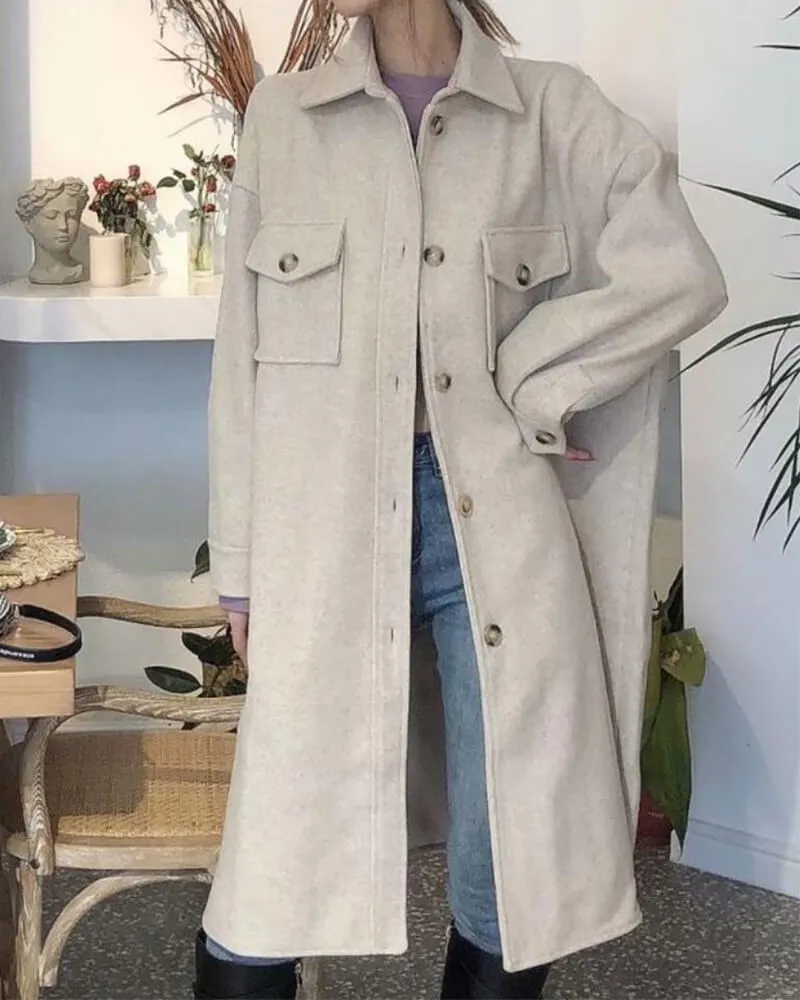 Lapel Collar Single-breasted Slit Leg Outerwear Long Coat