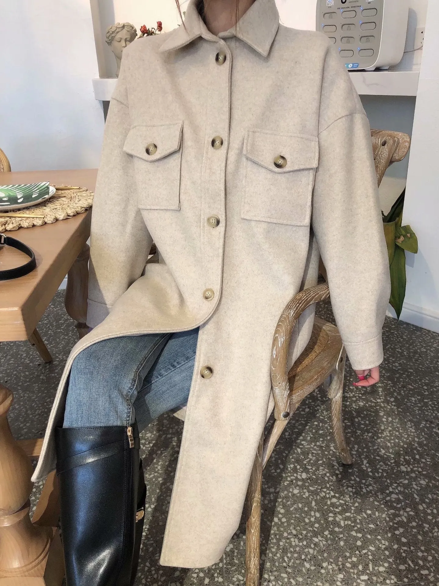 Lapel Collar Single-breasted Slit Leg Outerwear Long Coat