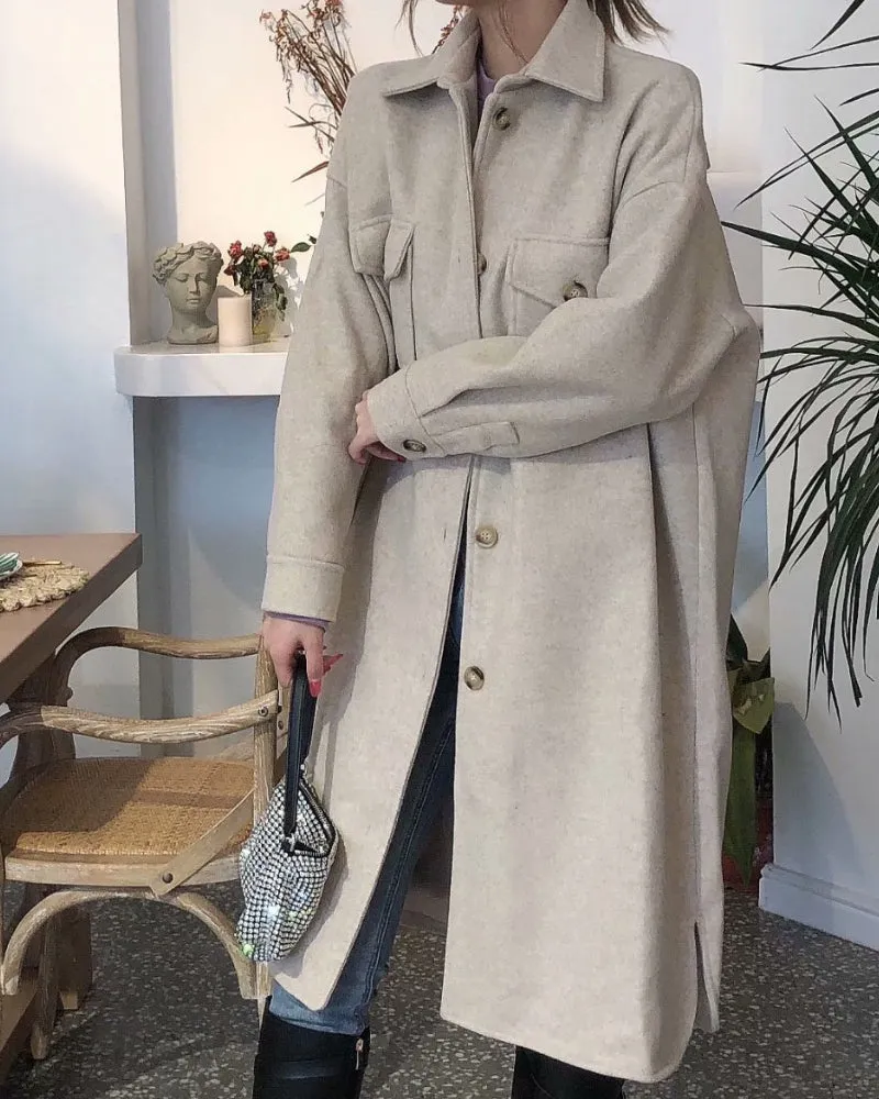 Lapel Collar Single-breasted Slit Leg Outerwear Long Coat