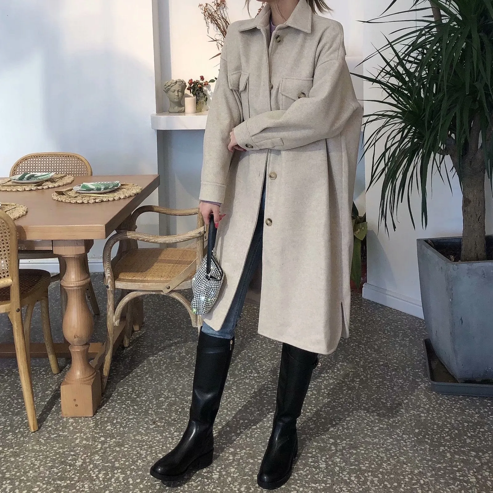 Lapel Collar Single-breasted Slit Leg Outerwear Long Coat