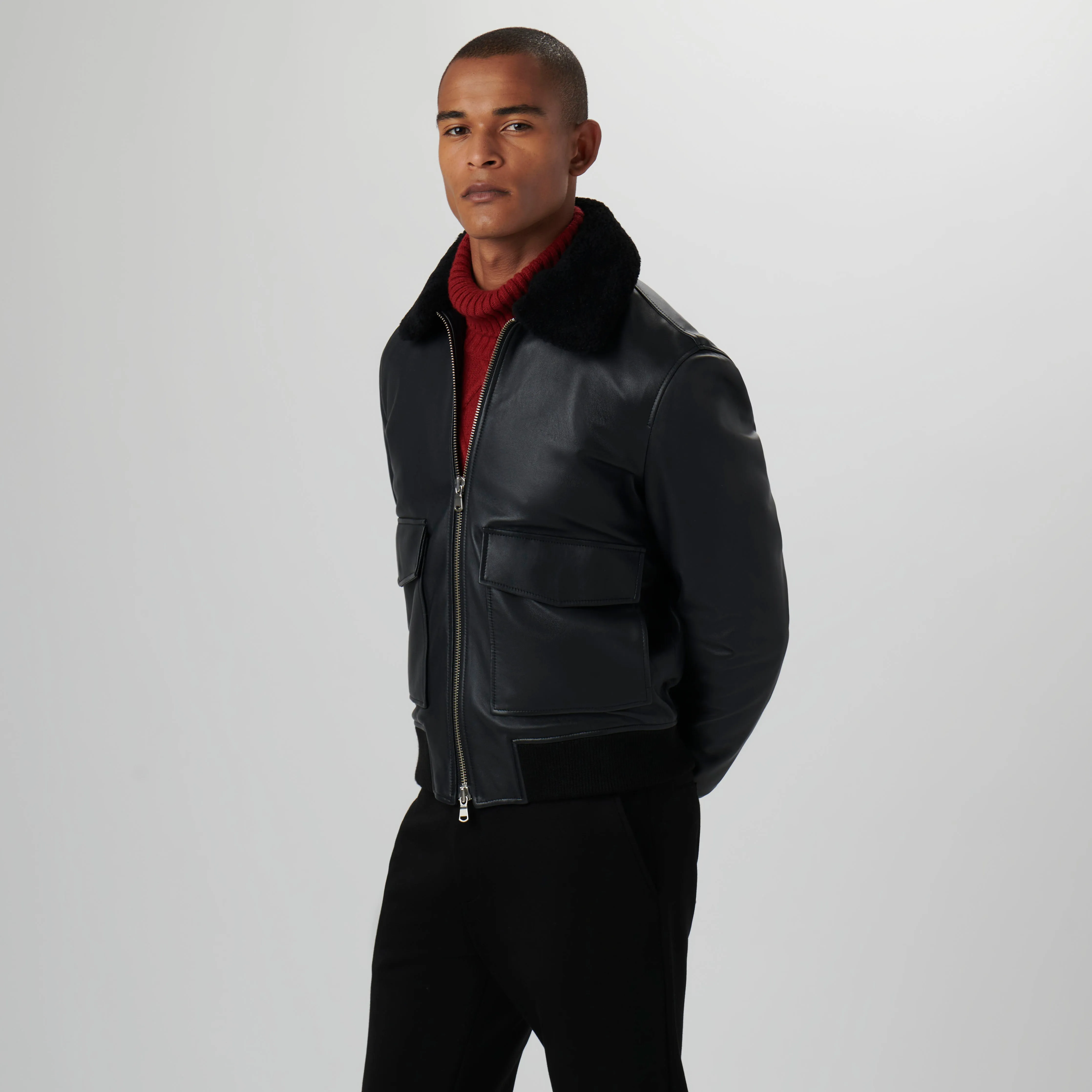 Leather Bomber Jacket with Removable Shearling Collar