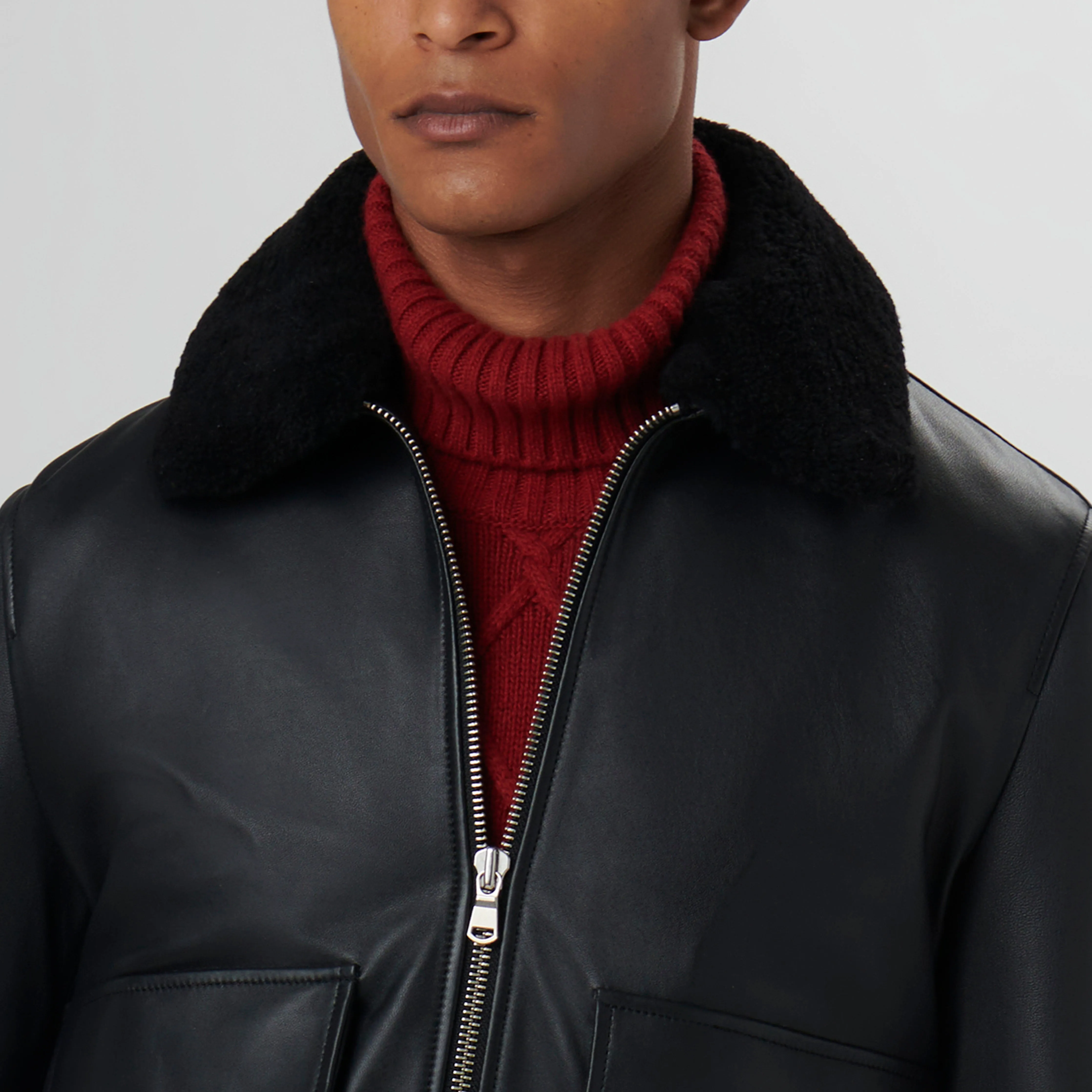Leather Bomber Jacket with Removable Shearling Collar