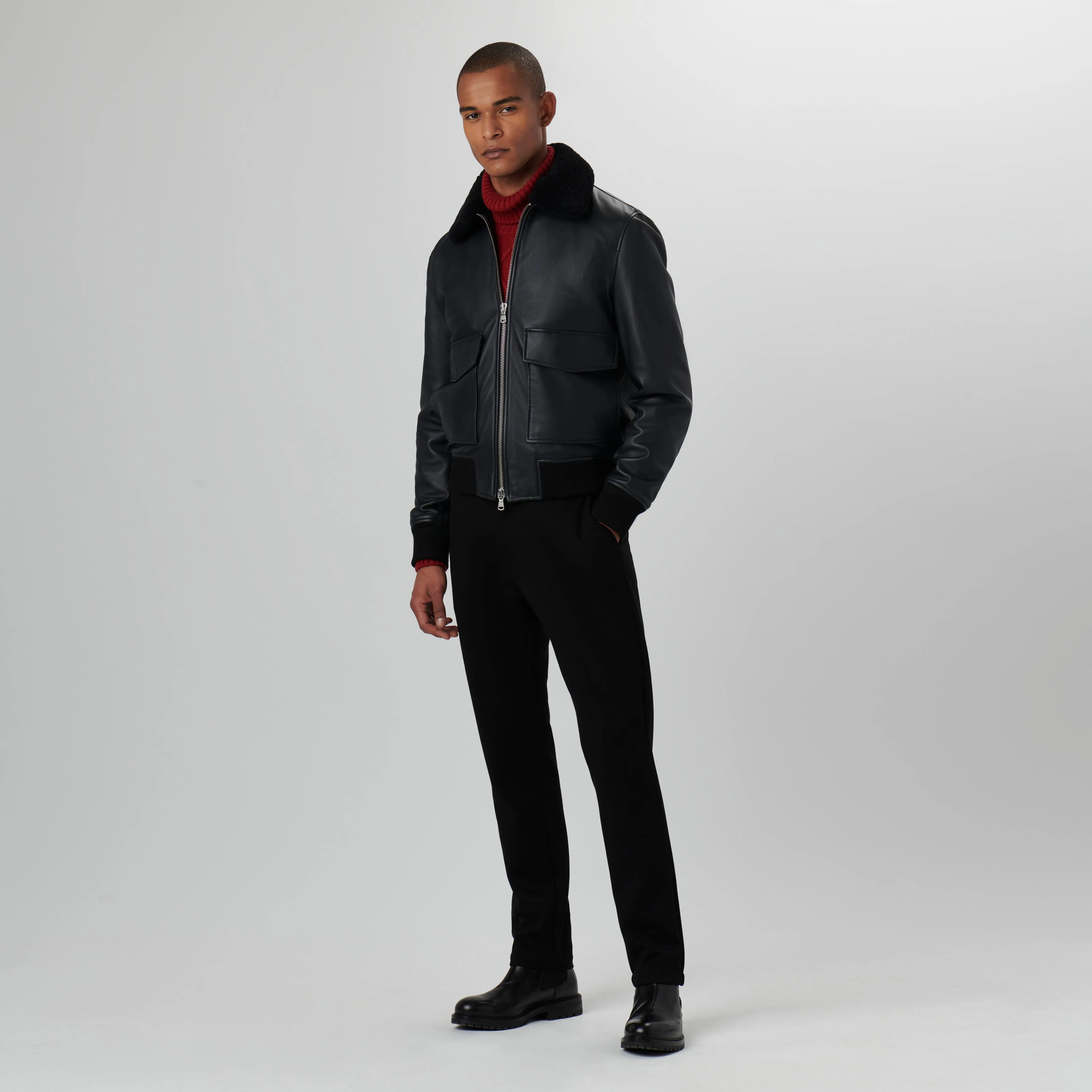 Leather Bomber Jacket with Removable Shearling Collar