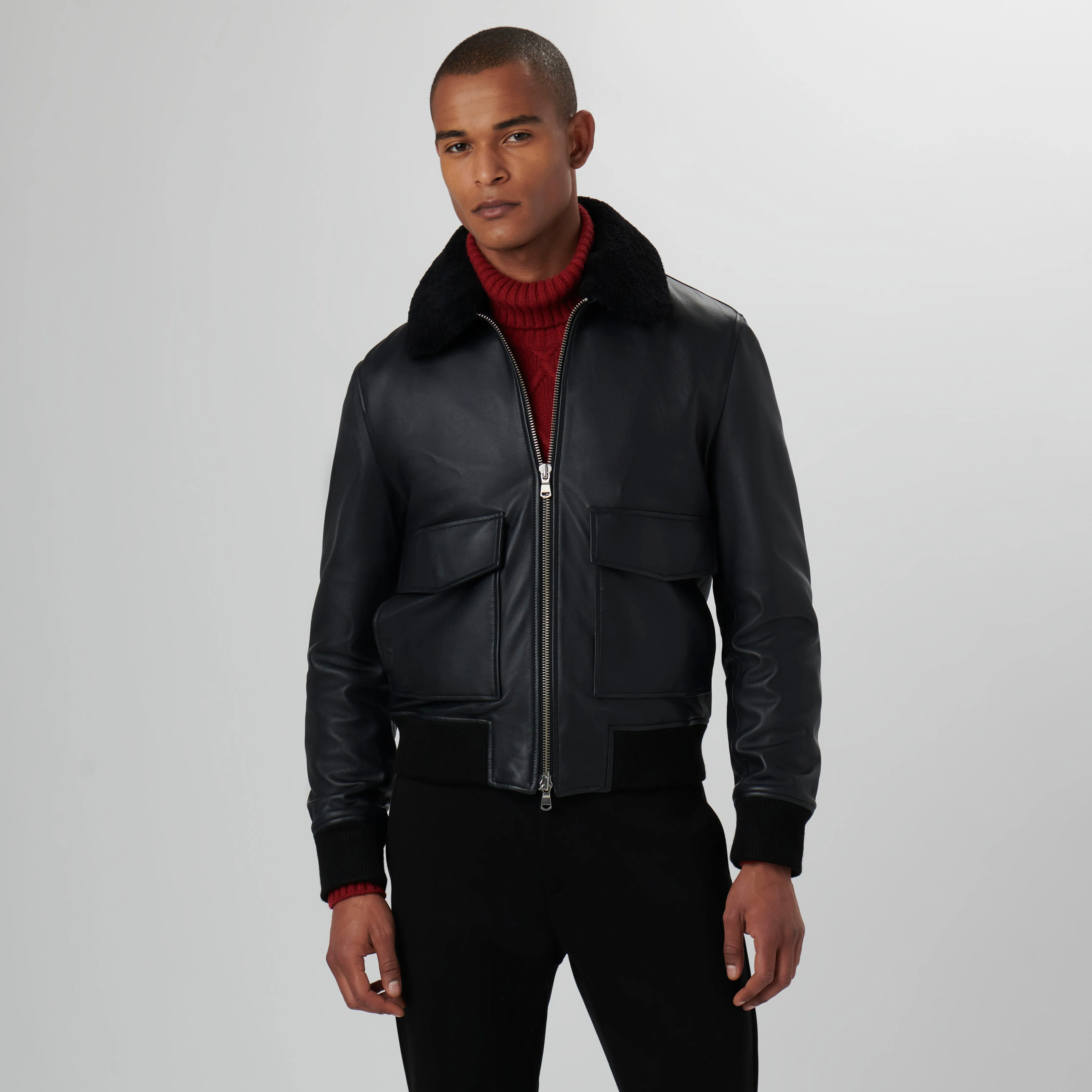 Leather Bomber Jacket with Removable Shearling Collar