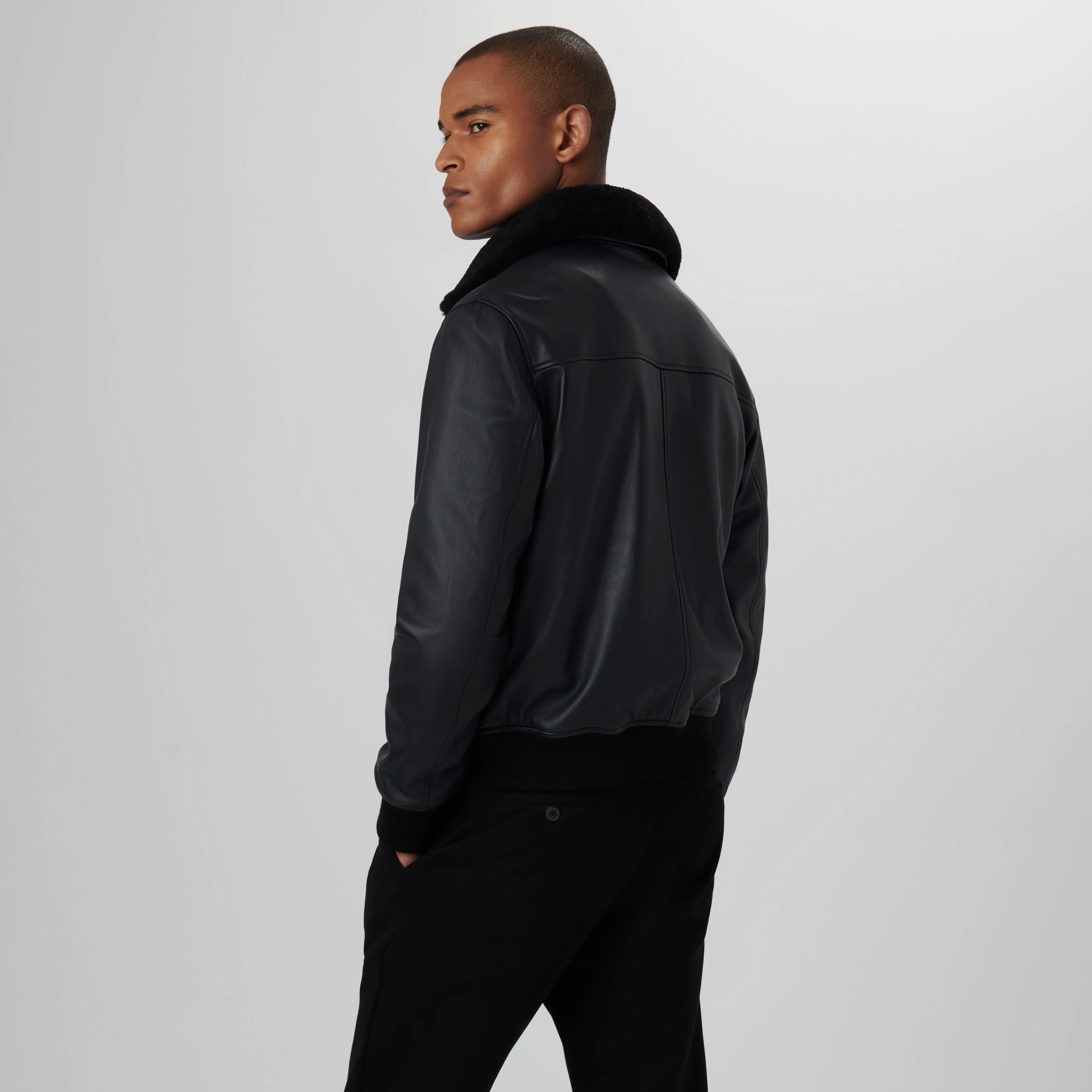 Leather Bomber Jacket with Removable Shearling Collar