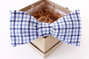 Light Blue and Navy Gingham Bow Tie