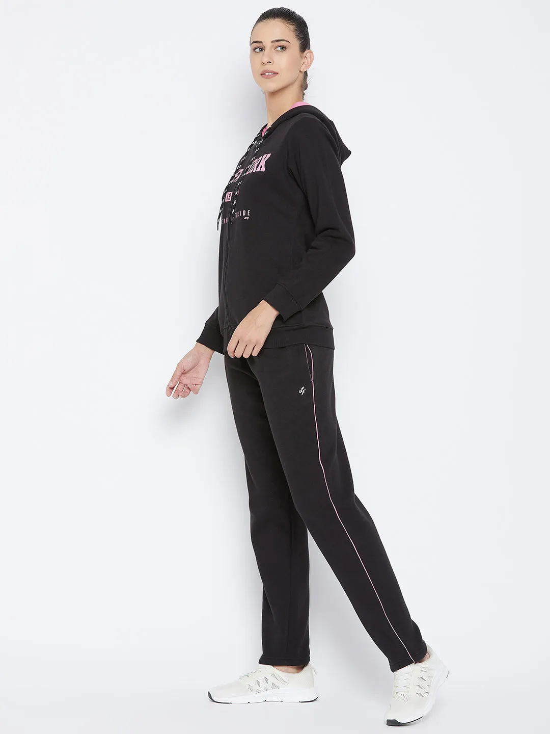 Livfree Women's Hoodie Solid Tracksuit - Black (Zipper)