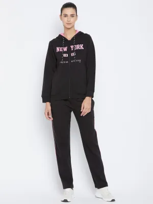 Livfree Women's Hoodie Solid Tracksuit - Black (Zipper)