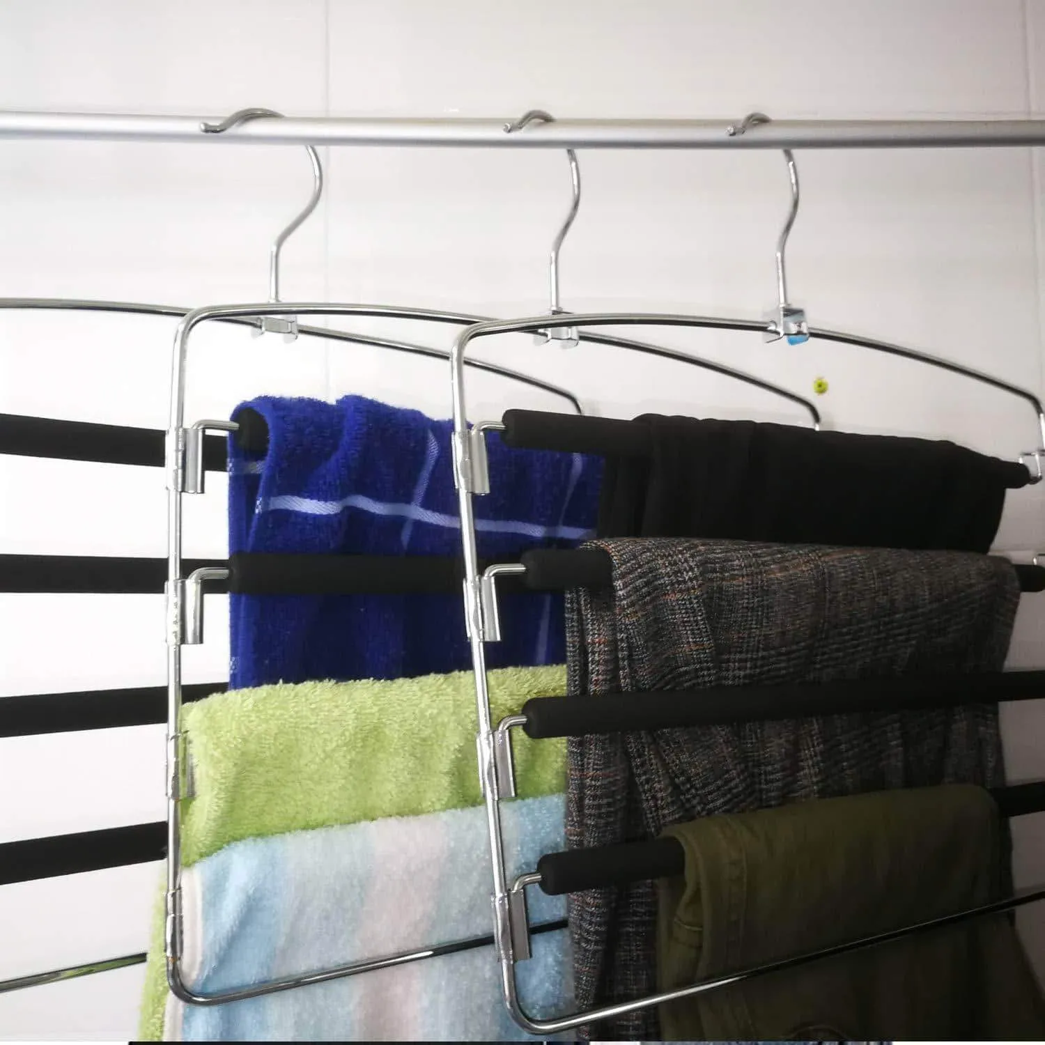 Lucky Life Clothes Pants Hangers 3-Pack Pant Slack Hangers Space Saving Non Slip Stainless Steel Closet Organizer with Foam Padded Swing Arm for Pants Jeans Scarf