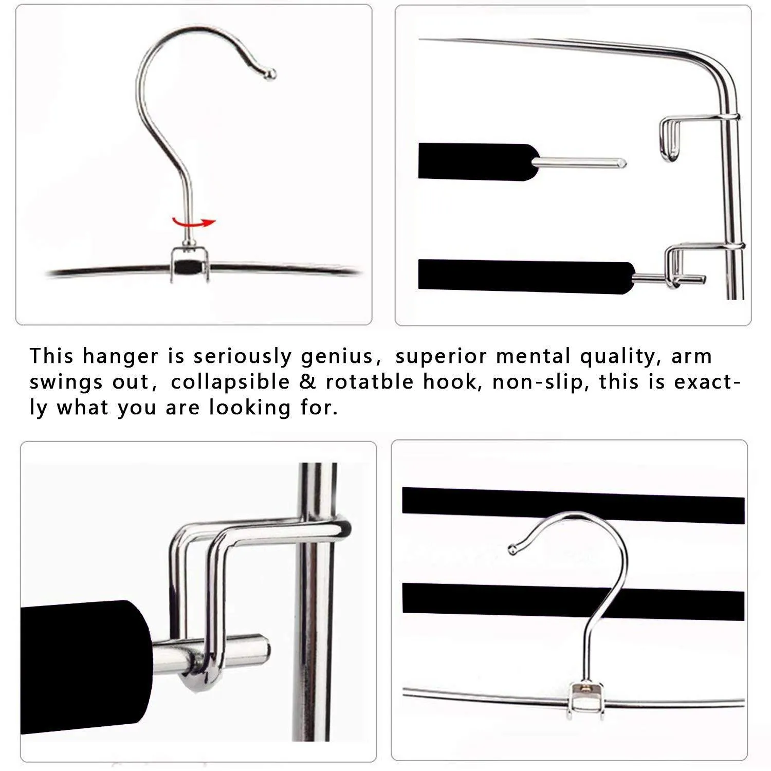 Lucky Life Clothes Pants Hangers 3-Pack Pant Slack Hangers Space Saving Non Slip Stainless Steel Closet Organizer with Foam Padded Swing Arm for Pants Jeans Scarf