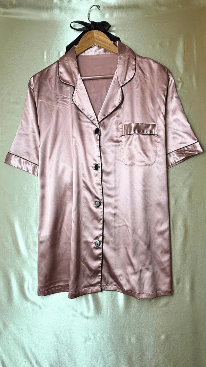 Luxurious Satin Pink Collared Pajama Shirt