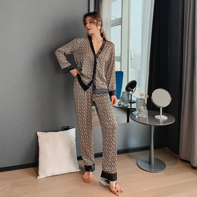 Luxury Sleepwear Silk Pajamas Leopard Design