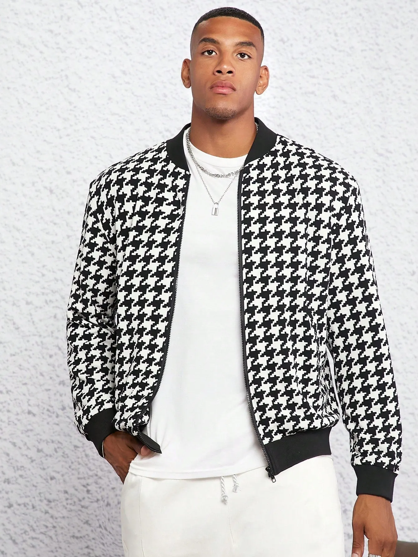Manfinity Men Houndstooth Print Zip Up Bomber Jacket
