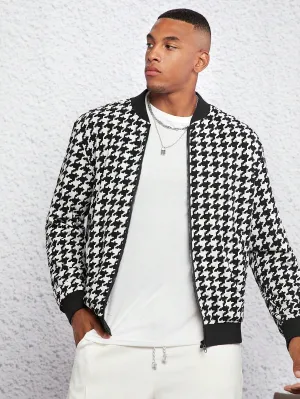 Manfinity Men Houndstooth Print Zip Up Bomber Jacket