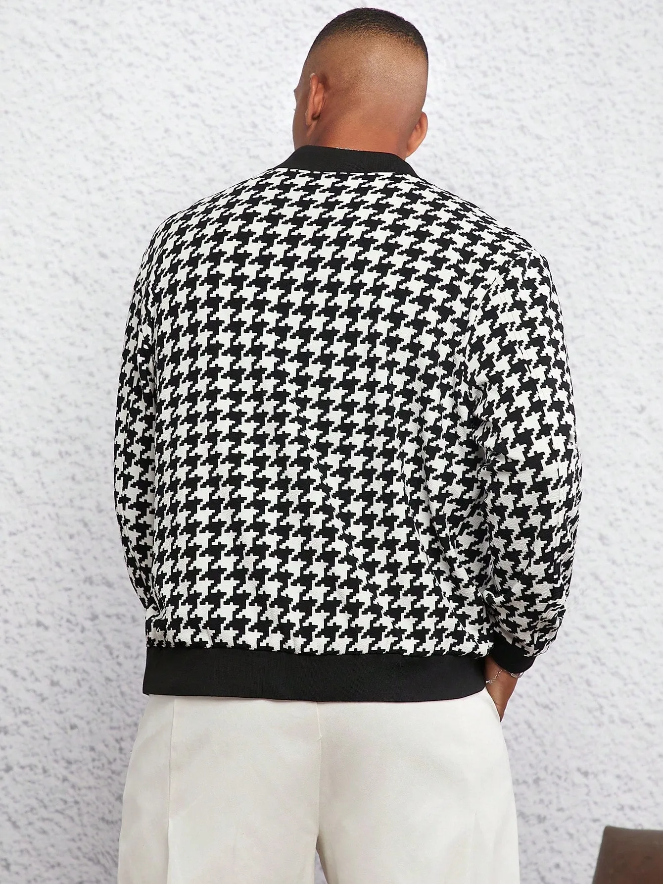 Manfinity Men Houndstooth Print Zip Up Bomber Jacket