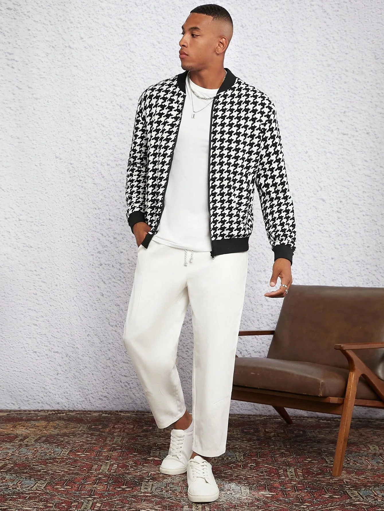 Manfinity Men Houndstooth Print Zip Up Bomber Jacket