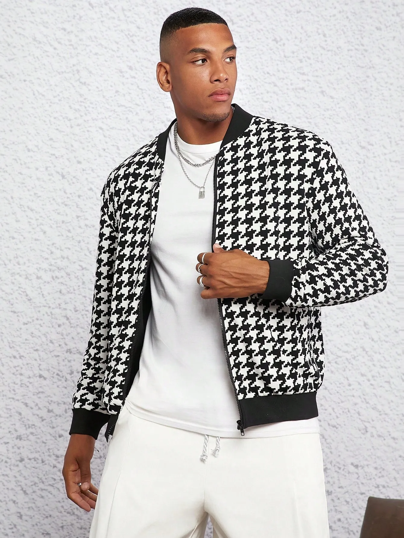 Manfinity Men Houndstooth Print Zip Up Bomber Jacket