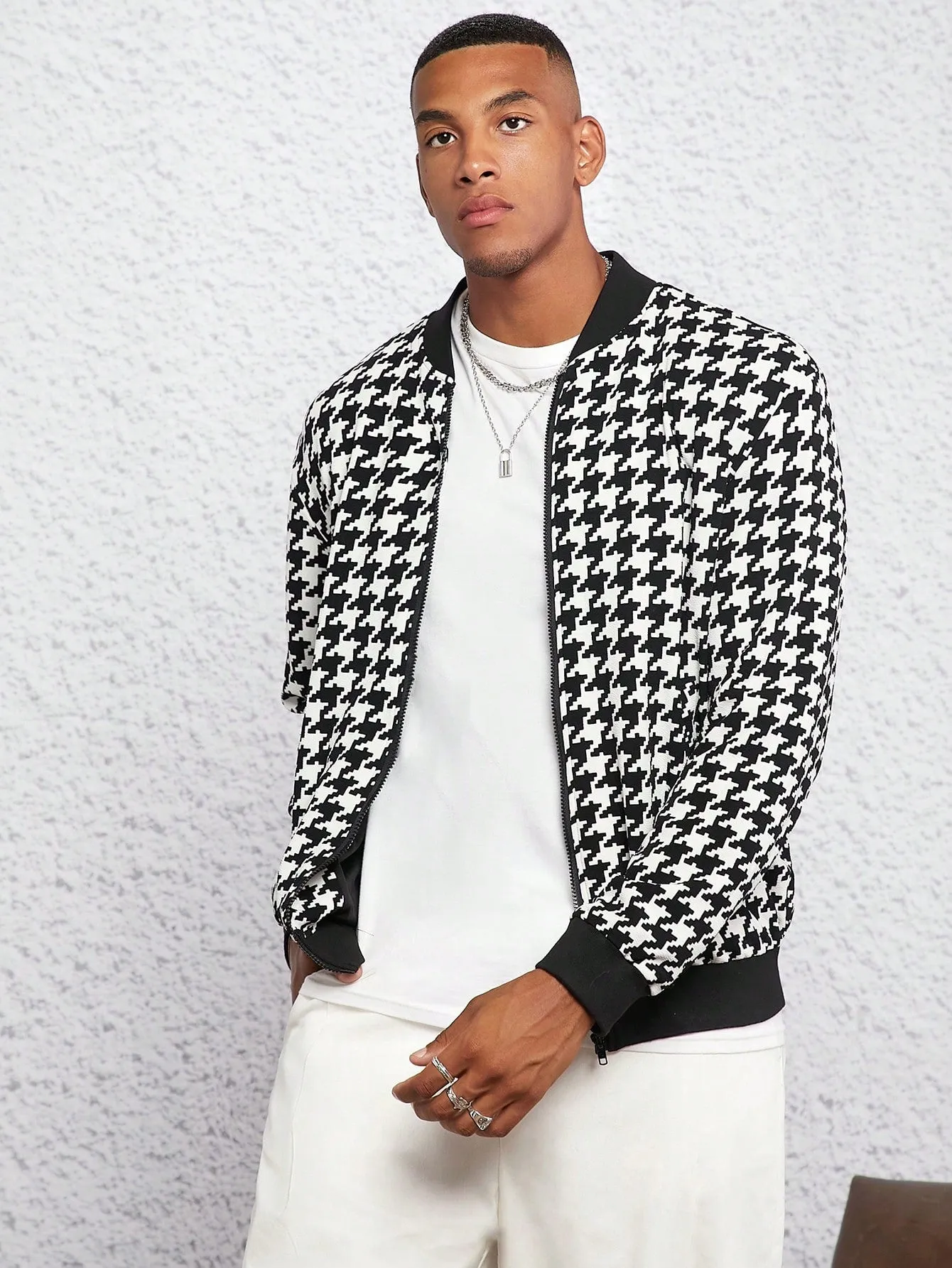 Manfinity Men Houndstooth Print Zip Up Bomber Jacket