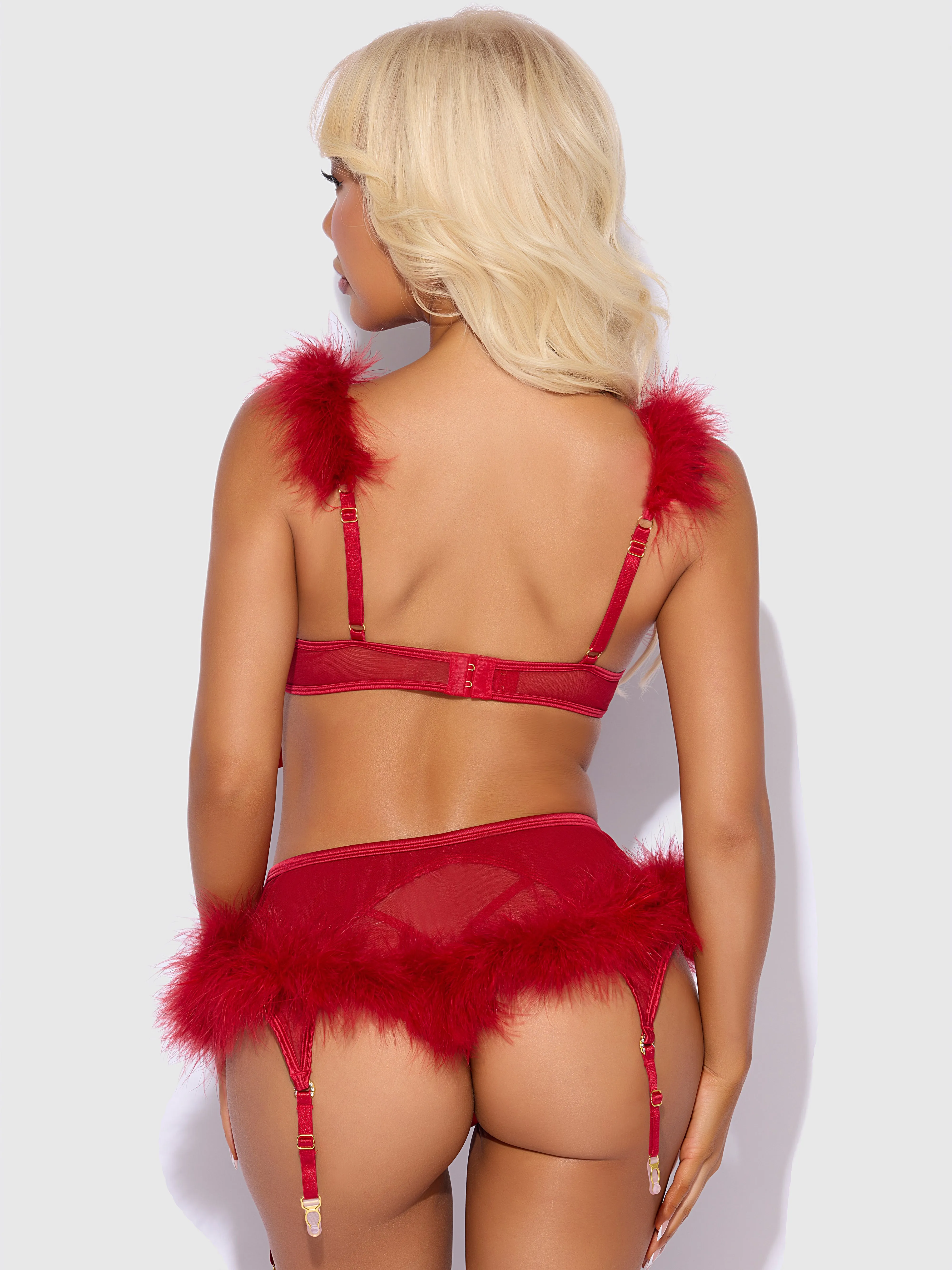 Marilyn Feather & Mesh Openable Bra, Garter & G-String Set