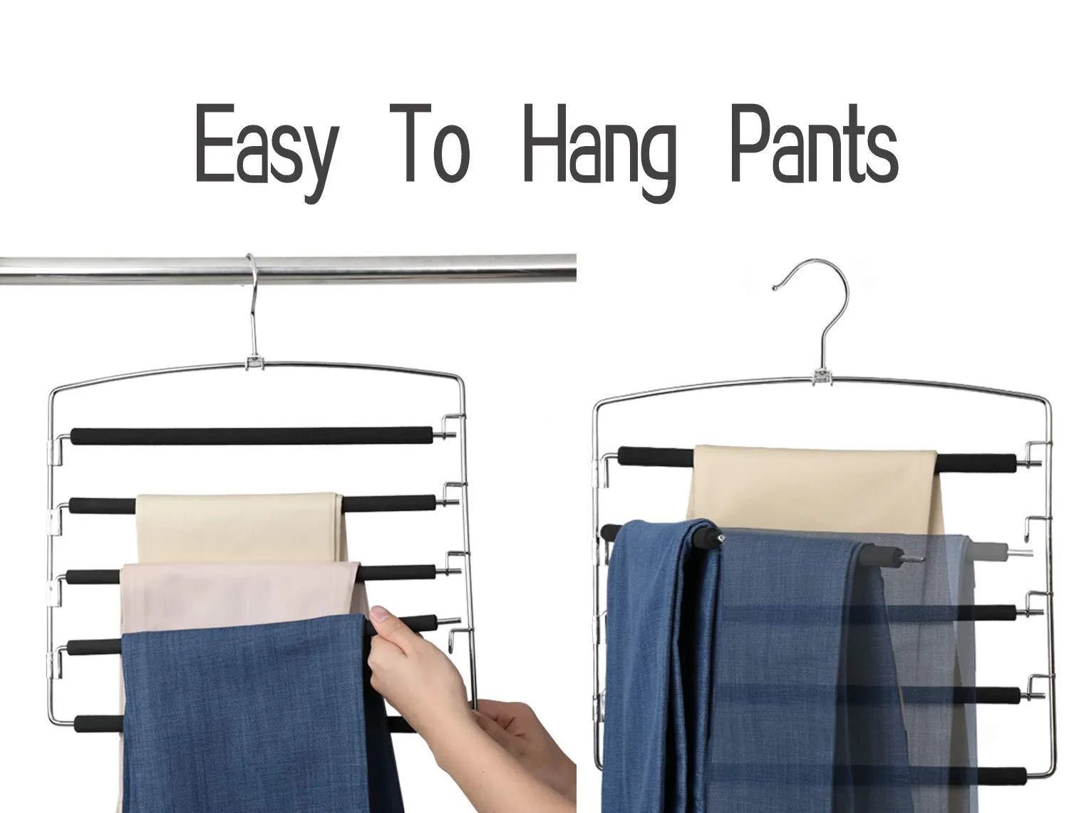 MeetU Pants Hangers 5 Layers Stainless Steel Non-Slip Foam Padded Swing Arm Space Saving Clothes Slack Hangers Closet Storage Organizer for Pants Jeans Trousers Skirts Scarf Ties Towels(Pack of 4)