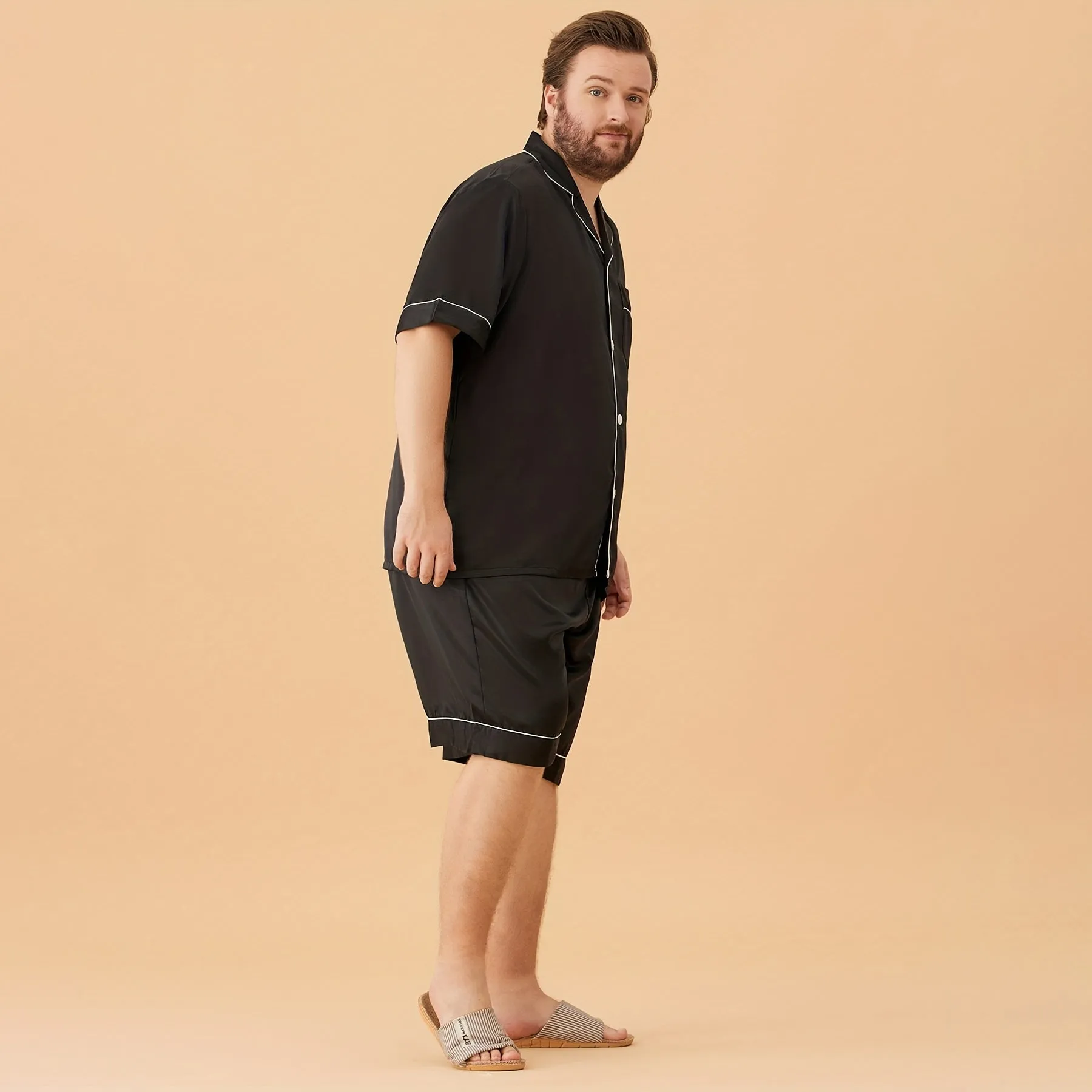 Men Plus Size Short Silk Pajamas Set Pure Silk Sleepwear